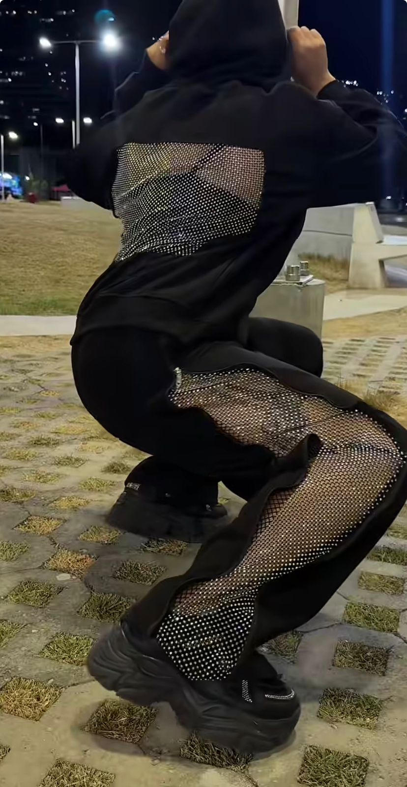 Eclipse Drip Co-Ord Set – Oversized Rhinestone Mesh Hoodie & Pants Streetwear (Unisex)