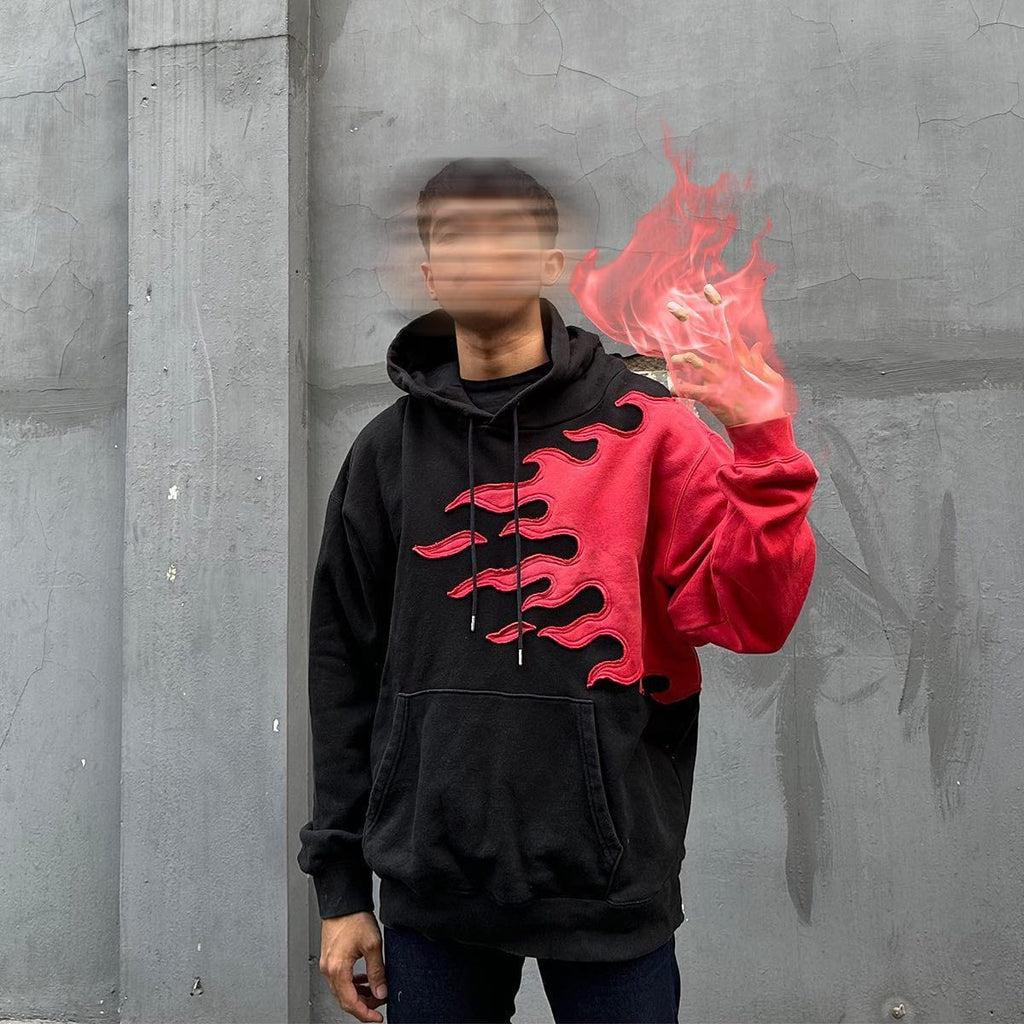 Uibok "Inferno" Upcycled Flame Hoodie – Handcrafted, One-of-a-Kind Streetwear