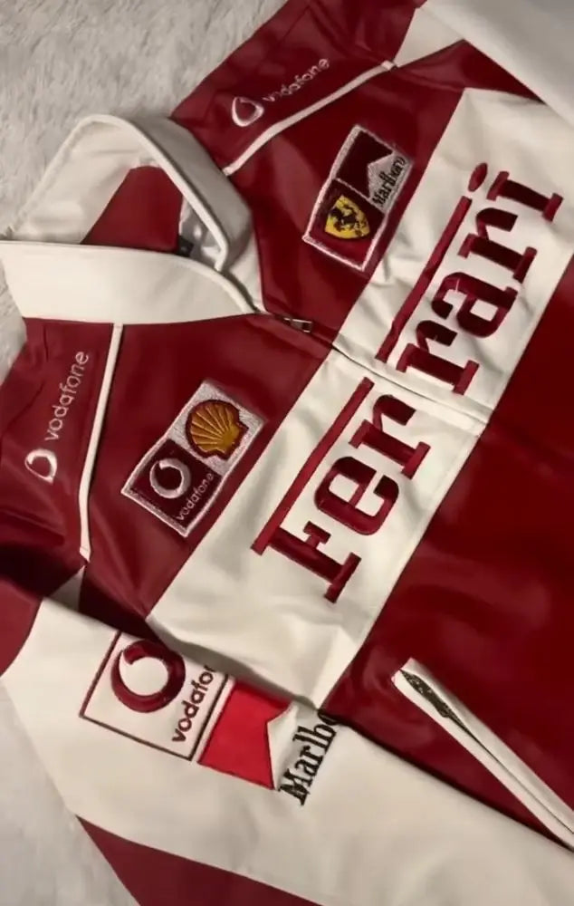 Stylish Ferrari leather jacket designed for racers, combining luxury with performance and a sleek racing aesthetic.