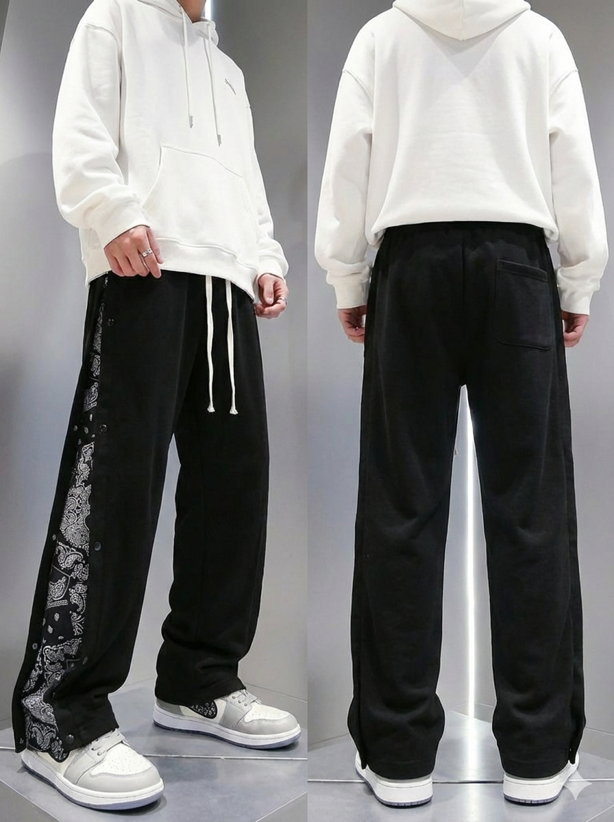 Bandana Panel Wide-Leg Track Pants – Unisex Streetwear Baggy Sweatpants with Snap Side Slit