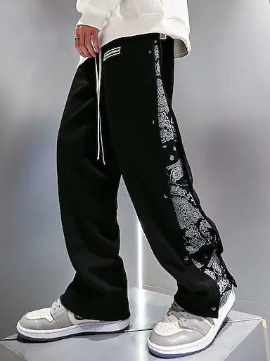 Bandana Panel Wide-Leg Track Pants – Unisex Streetwear Baggy Sweatpants with Snap Side Slit