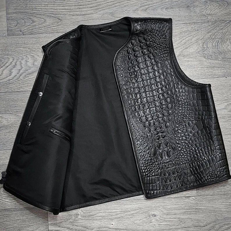 Men’s Crocodile Texture Faux Leather Vest | Black & White | Premium Biker Sleeveless Jacket