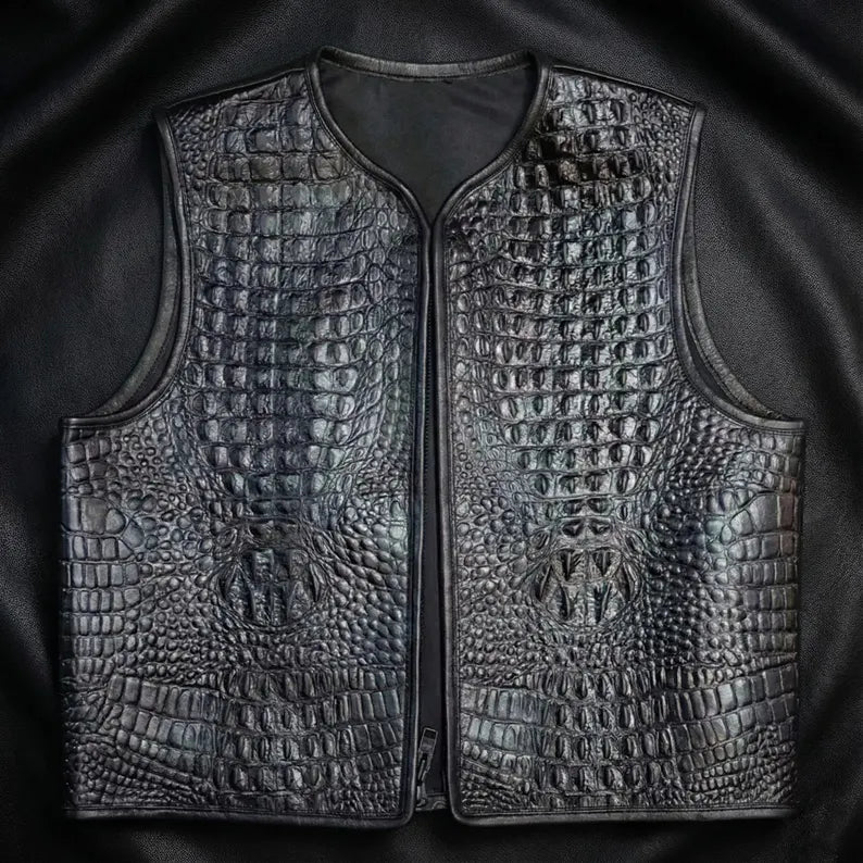 Men’s Crocodile Texture Faux Leather Vest | Black & White | Premium Biker Sleeveless Jacket