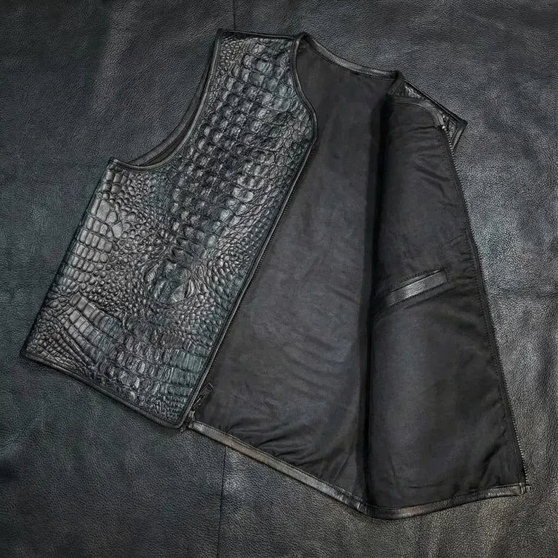 Men’s Crocodile Texture Faux Leather Vest | Black & White | Premium Biker Sleeveless Jacket