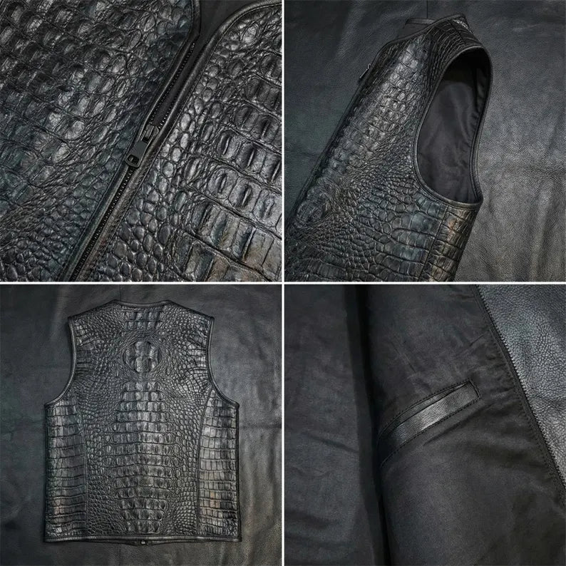Men’s Crocodile Texture Faux Leather Vest | Black & White | Premium Biker Sleeveless Jacket