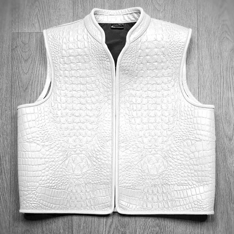 Men’s Crocodile Texture Faux Leather Vest | Black & White | Premium Biker Sleeveless Jacket