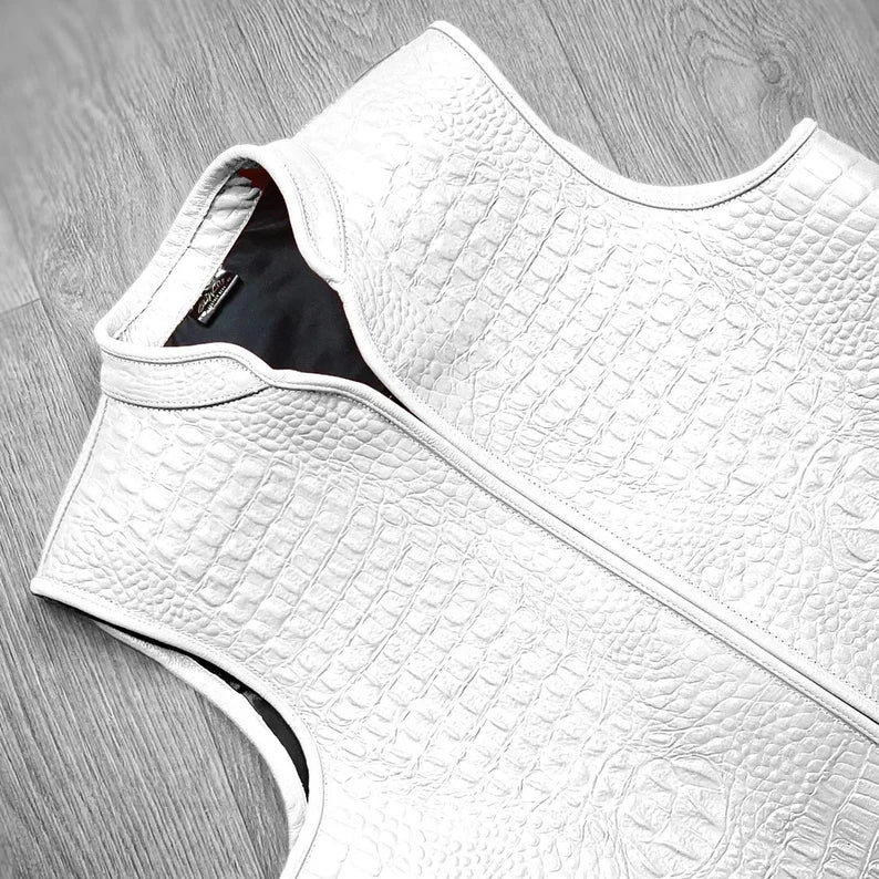 Men’s Crocodile Texture Faux Leather Vest | Black & White | Premium Biker Sleeveless Jacket