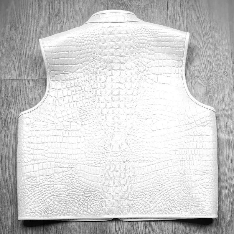 Men’s Crocodile Texture Faux Leather Vest | Black & White | Premium Biker Sleeveless Jacket