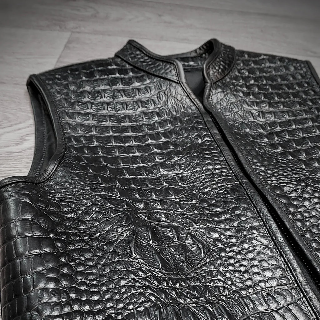 Men’s Crocodile Texture Faux Leather Vest | Black & White | Premium Biker Sleeveless Jacket
