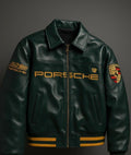 Uibok x Porsche Varsity Leather Jacket – Limited Edition Dark Green Bomber with Embroidered Porsche Crest & Retro Racing Details