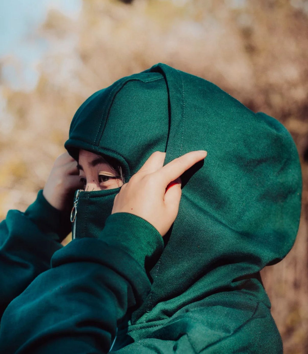Bottle Green Balaclava Hoodie for Men & Women | Premium Winter Zipper Hoodie with Face Cover